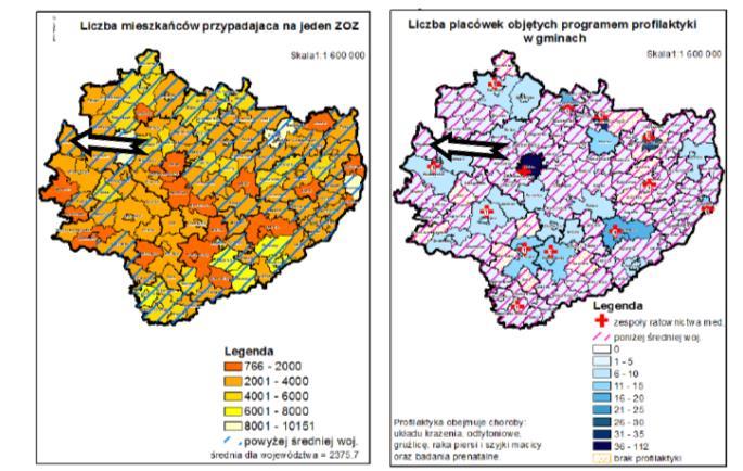 Dostęp do usług zdrowotnych na terenie gminy Zgodnie z mapą potrzeb na terenie gminy liczba mieszkańców przypadająca na jeden ZOZ jest powyżej średniej dla województwa, natomiast liczba placówek