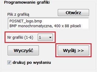 kliknąć przycisk Wyślij >>. Zaznaczenie opcji "drukuj po wysłaniu" spowoduje, że po zaprogramowaniu grafika zostanie wydrukowana na drukarce fiskalnej.