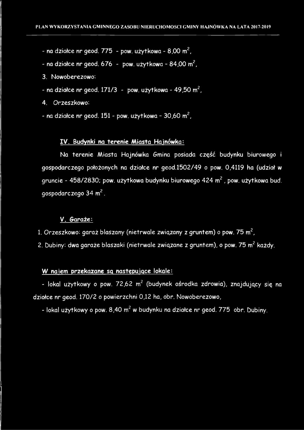 Budynki na terenie Miasta Hajnówka: Na terenie Miasta Hajnówka Gmina posiada część budynku biurowego i gospodarczego położonych na działce nr geod.1502/49 o pow.