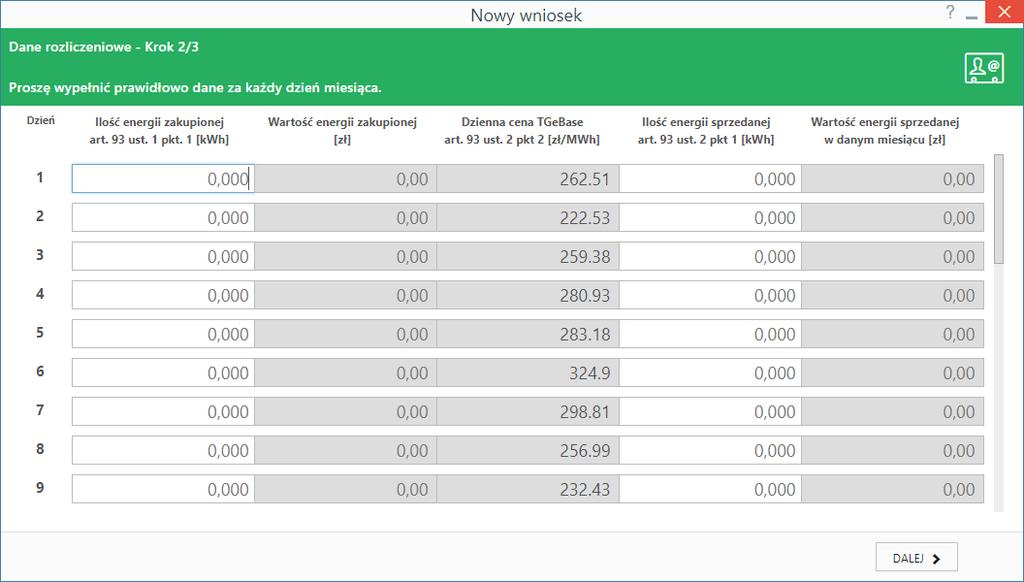 W kolejnym kroku uzupełniamy dane dotyczące ilości energii zakupionej i sprzedanej (Sprzedawca) lub cenę i ilość energii sprzedanej