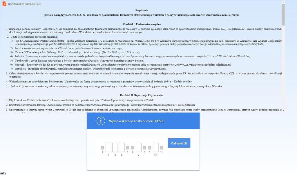 Rysunek 2: Strona z regulaminem oraz potwierdzeniem numeru PESEL Po poprawnym wpisaniu wskazanych cyfr z numeru PESEL