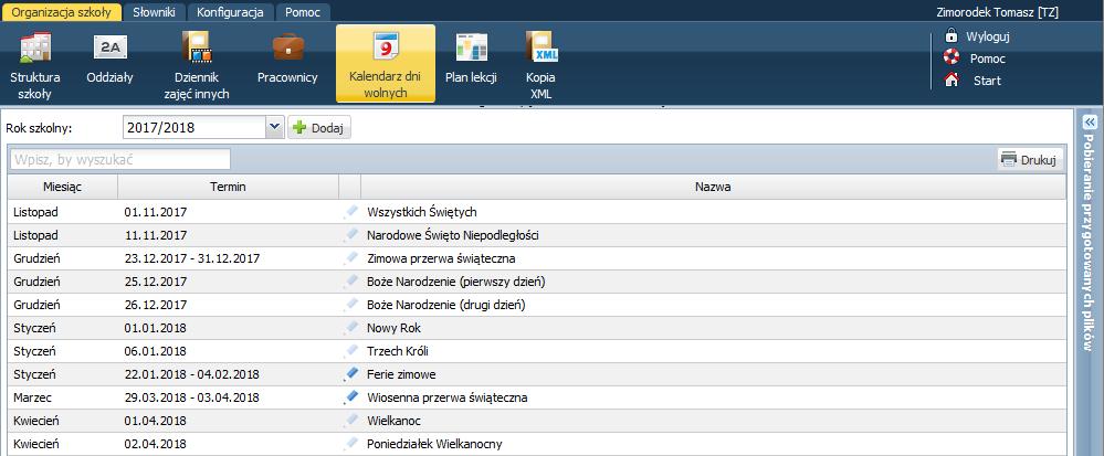 Uzupełnienie kalendarza dni wolnych Kalendarz dni wolnych dostępny jest w widoku Organizacja szkoły/ Kalendarz dni
