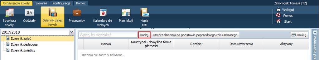 Jak rozpocząć pracę z systemem UONET+? 18/19 Zakładanie dzienników zajęć innych Administrator zakłada również dzienniki zajęć pozalekcyjnych oraz dziennik pedagoga.