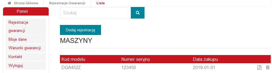 lewym górnym rogu pod kodem kreskowym, w przypadku ZESTAWÓW COMBO użytkownik powinien otrzymać osobną kartę gwarancyjną dla każdej maszyny w zestawie) Podaj datę zakupu (poprzez kliknięcie w