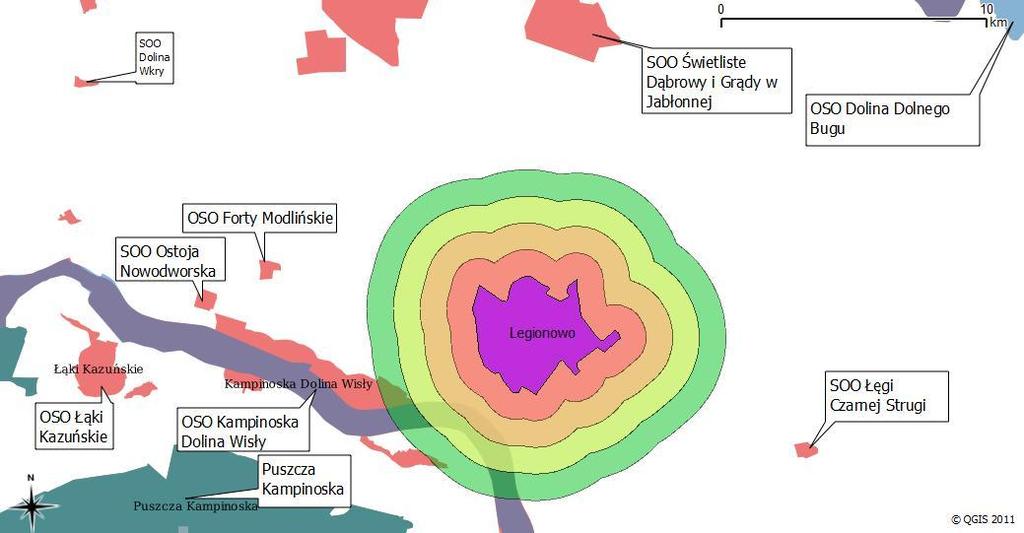 Rysunek 5 Położenie Legionowa względem obszarów Natura 2000 (kolorem fioletowym zaznaczono obszar Legionowa,