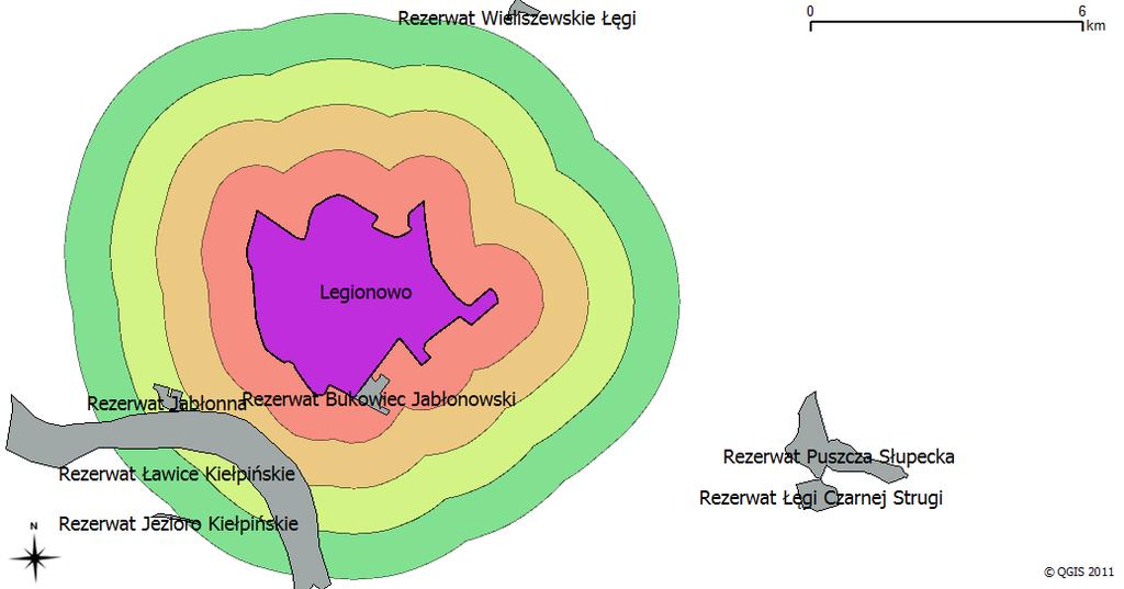 Legionowa (kolorem fioletowym zaznaczono obszar Legionowa, wokół granic miasta wyznaczono 4 bufory o szerokości