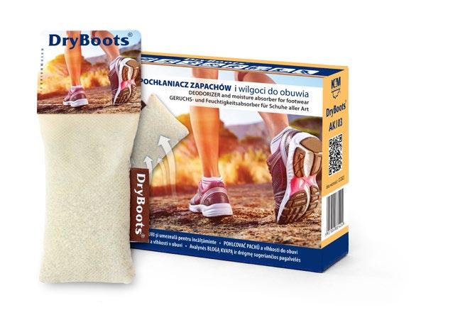 Dzięki zastosowaniu środka absorbującego produkt pochłania nieprzyjemną woń, przyczyniając się do poprawy komfortu użytkowania butów i