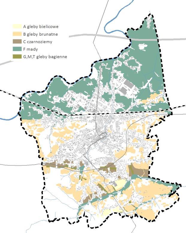 macierzyste. Dominującym typem gleb są mady nizinne (Kotlina Sandomierska) i ziemie brunatne kwaśne (Pogórze), zaś dominującym gatunkiem gleb są gleby lessowe i pyłowe.