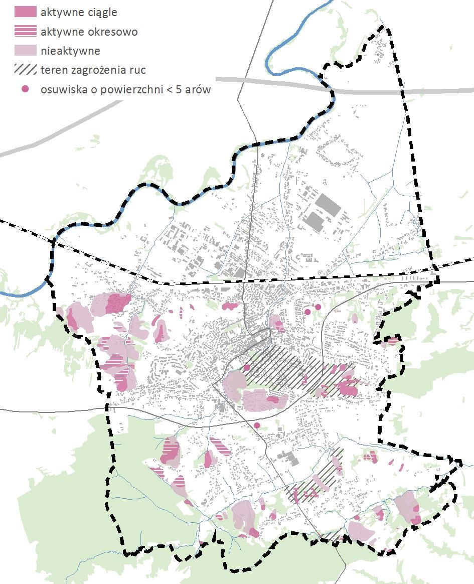 Rysunek 10 Mapa osuwisk i terenów zagrożonych ruchami masowymi źródło: opracowanie własne na podstawie SOPO oraz danych PIG Państwowy Instytut Badawczy, Oddział Karpacki Zagrożenie powodziowe W