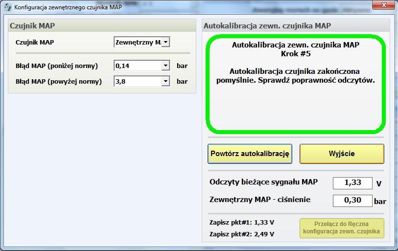 Na ekranie pojawi się podsumowanie autokalibracji. W tym miejscu należy sprawdzić czy wartość w okienku Zewnętrzny MAP ciśnienie rośnie w momencie dodawania gazu, aż do ok.