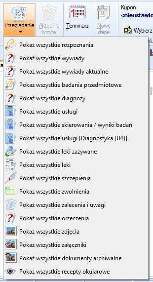 Grupa Inne, to dostęp do Terminarza i danych do powiązania z wizytą (przycisk ten jest widoczny tylko, jeśli ukryty jest panel z danymi pacjenta