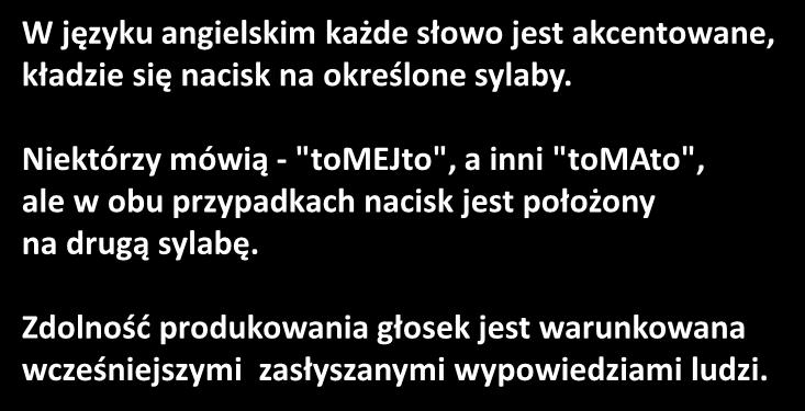 W języku angielskim każde słowo jest akcentowane, kładzie się nacisk na określone sylaby.