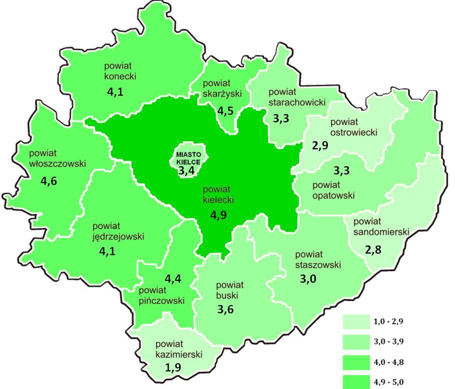 Mapa 1. Natężenie zjawiska przemocy w rodzinie w powiatach regionu świętokrzyskiego w 2016r. Opracowanie własne ROPS/ źródło na podstawie sprawozdania CAS.