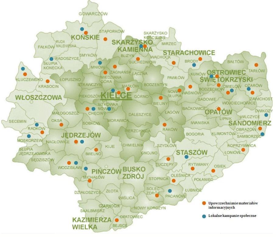 Jędrzejów (2) powiat jędrzejowski; Bejsce (1) powiat kazimierski; Bieliny (1), Chęciny (2), Masłów (1), Miedziana Góra (45), Nowa Słupia (1), Raków (1), Zagnańsk (1) powiat kielecki; Końskie (3),