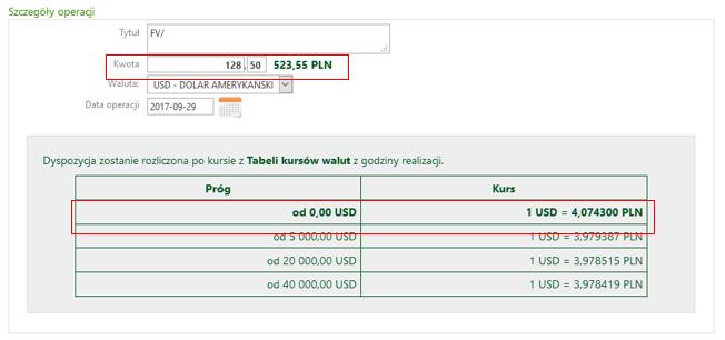 Wybór waluty EUR-EURO powoduje, że w informacjach dodatkowych automatycznie zaznaczony zostaje Przelew europejski SEPA (przelew europejski, realizowany w bankach, które należą do Jednolitego Obszaru