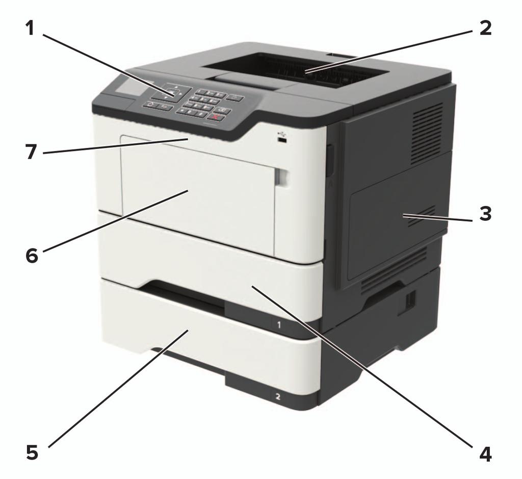 Informacje na temat drukarki 11 Wyposażenie drukarki UWAGA NIEBEZPIECZEŃSTWO PRZEWRÓCENIA: Instalacja jednej opcji lub większej ich liczby w drukarce lub urządzeniu wielofunkcyjnym może wymagać