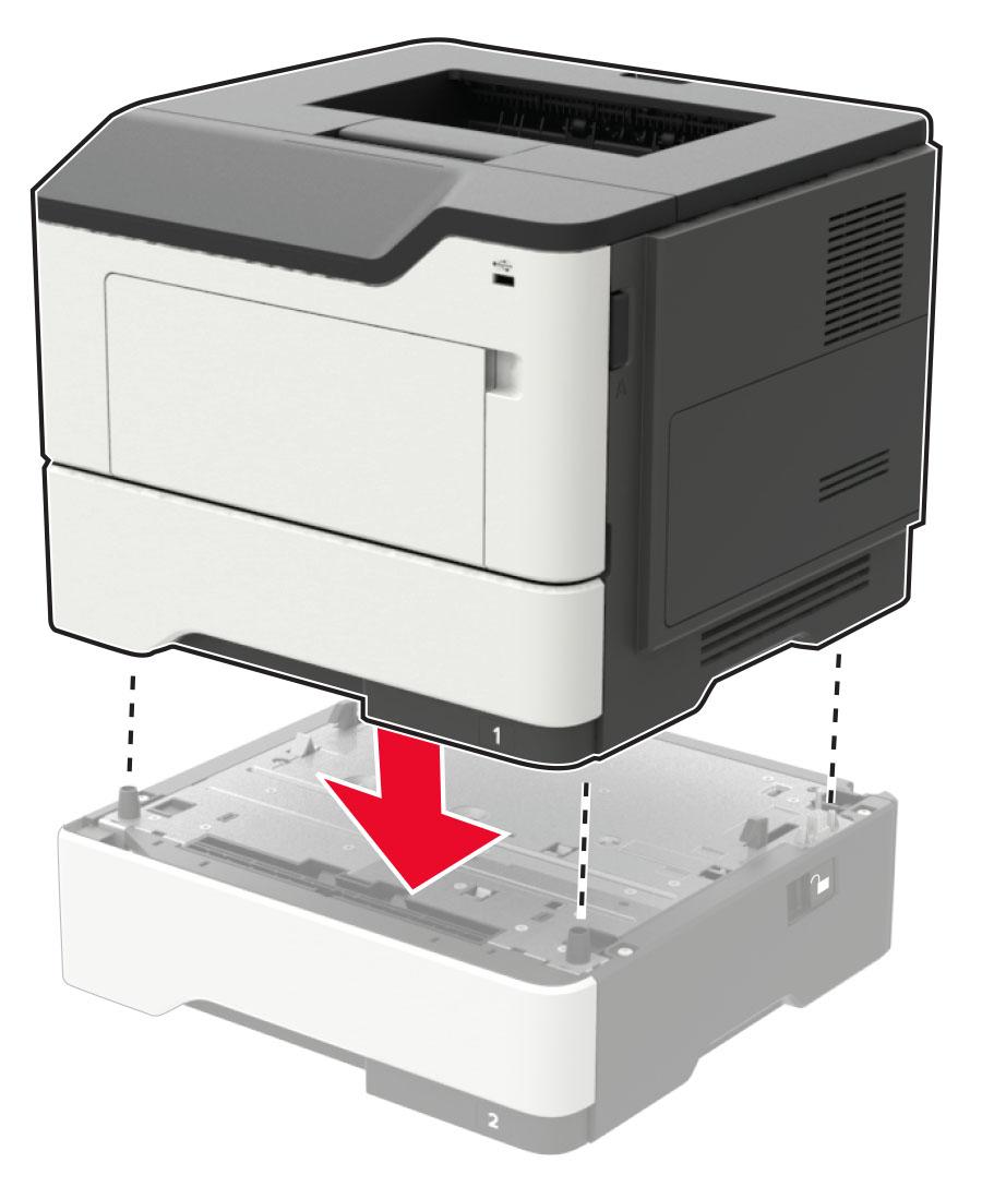 Usprawnienia i przenoszenie 134 4 Wyrównaj ułożenie drukarki względem zasobnika a następnie opuść na niego drukarkę, aż zaskoczy na swoje miejsce.