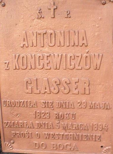 Grabowiecki Słownik Biograficzny / Grabowiec's Biographical Dictionary 85 właścicielka dóbr Skomorochy Wielkie Nagrobek 12 Rok 2009, 6 lipca. Nagrobek Antoniny Julianny Glasser (foto Henryk Kulik).