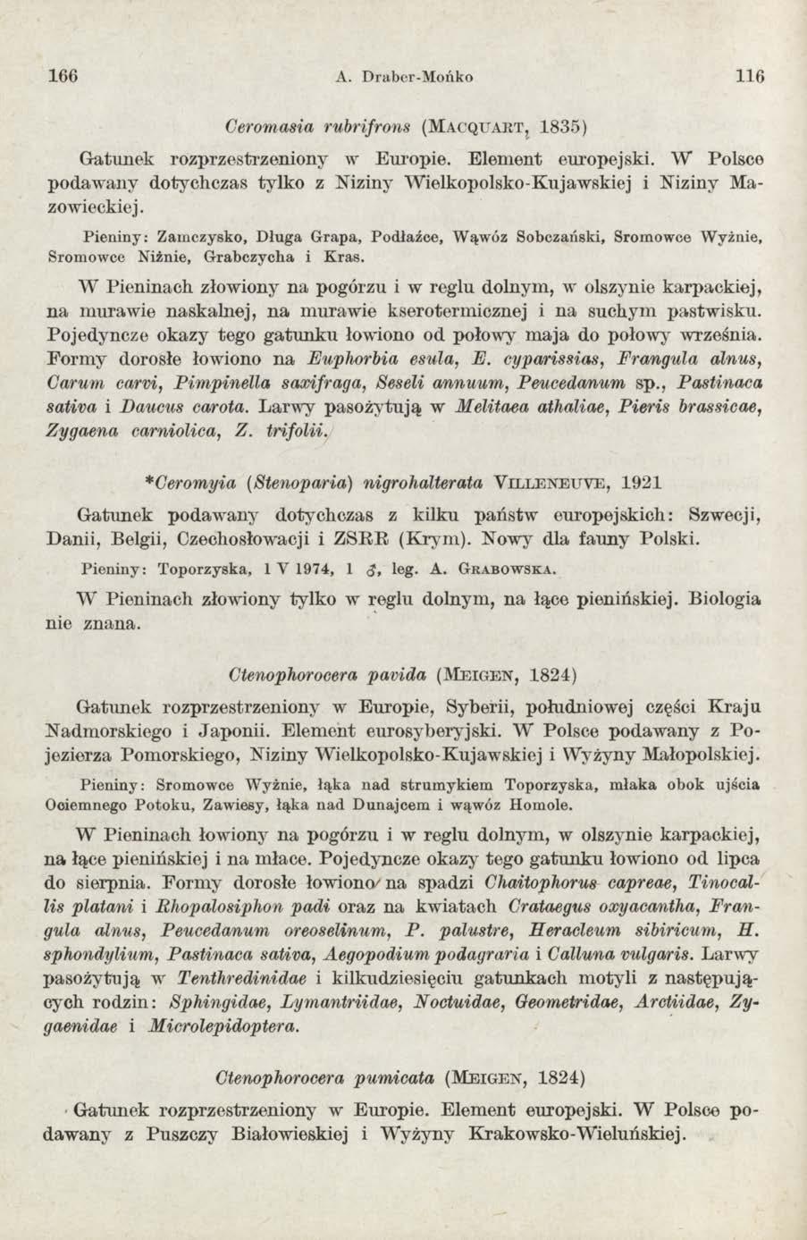 166 A. Draber-Mońko 116 Ceromasia rubrifrons (M a c q u a r t, 1835) G atunek rozprzestrzeniony w Europie. Elem ent europejski.