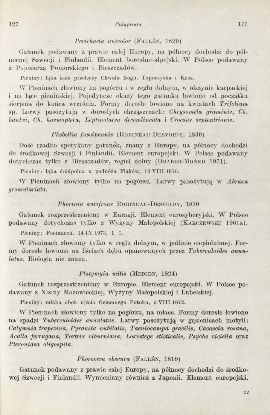 127 Calyptrata 177 Perichaeta unicolor ( F a l l e n, 1 8 20) G atunek podaw any z praw ie całej E u ro p y, na północy dochodzi do północnej Szwecji i Finlandii. Elem ent borealno-alpejski.
