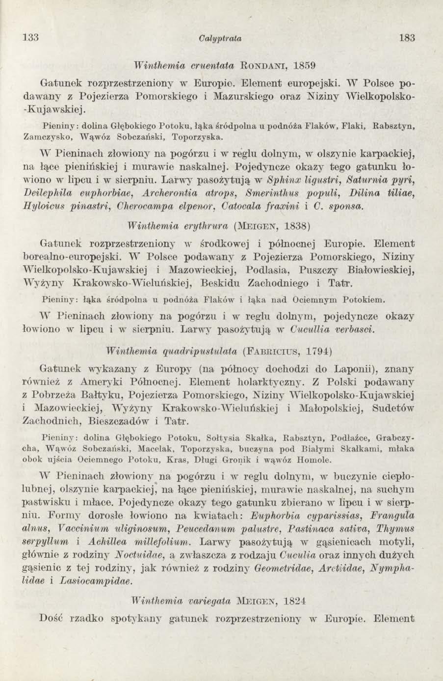 133 Calyptrata 183 W inthemia cruentata E o n d a n i, 1859 G atunek rozprzestrzeniony w Europie. E lem ent europejski.