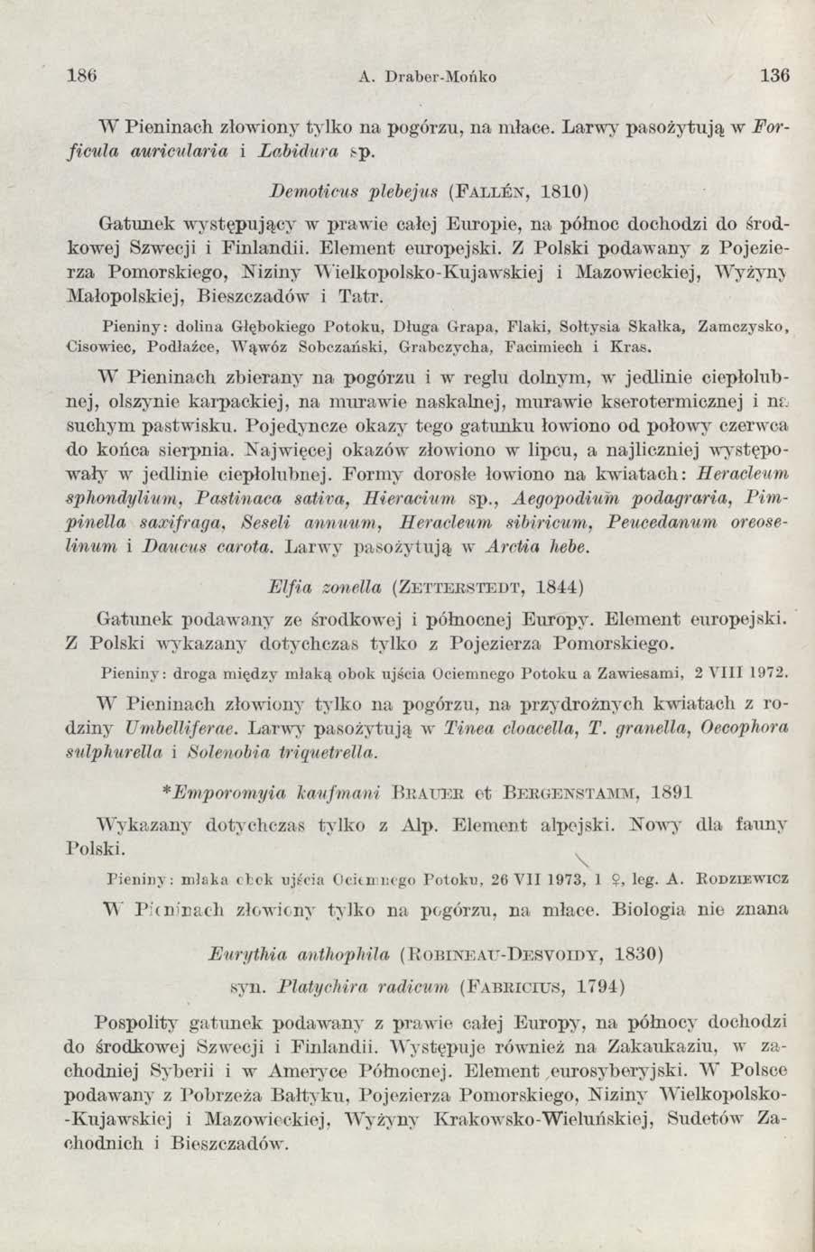 186 A. Draber-Mońko 136 W Pieninach złowiony tylko na pogórzu, na młace. Larwy pasożytują w ForficnJa auricnlaria i LoM dura sp.