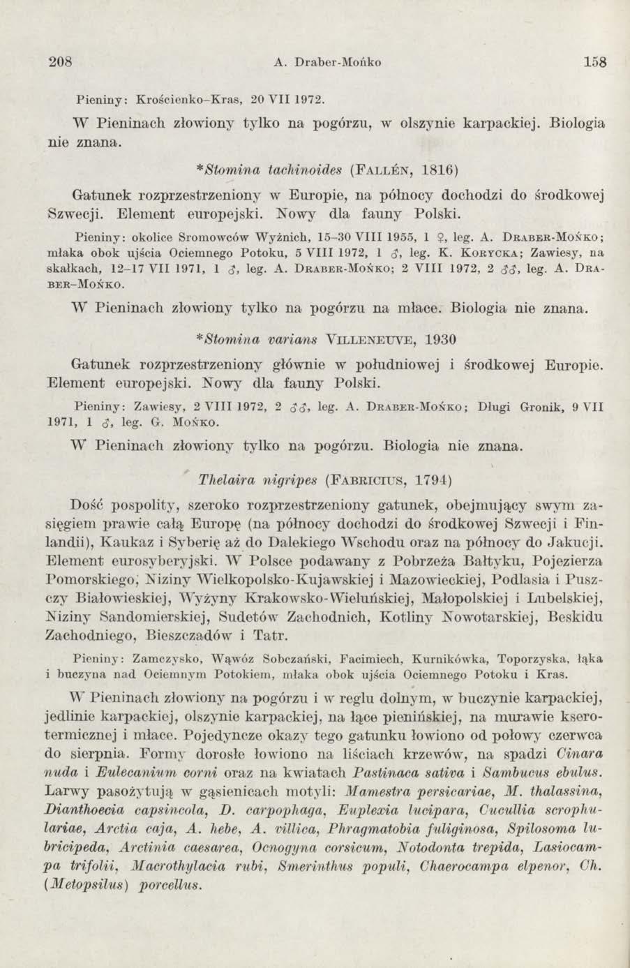 208 A. Draber-Mońko 158 Pieniny: Krościenko-Kras, 20 VII 1972. W Pieninach złowiony tylko na pogórzu, w olszynie karpackiej. Biologia nie znana.