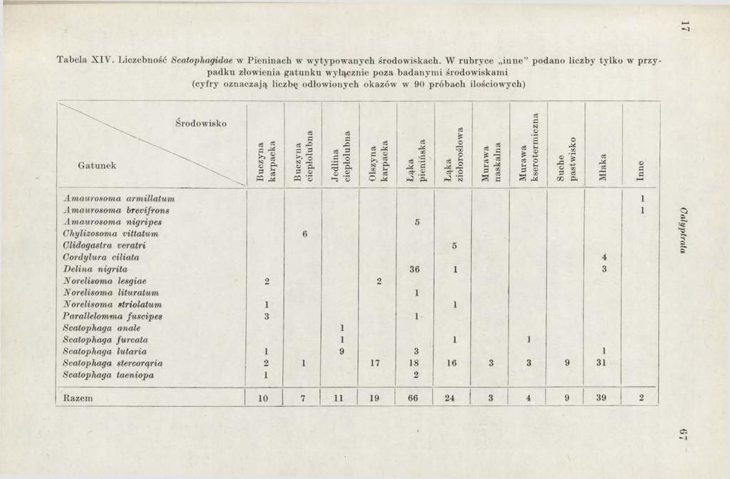 Tabela XIV'. Liczebność Scatopliagidae w Pieninach w wytypowanych środowiskach.