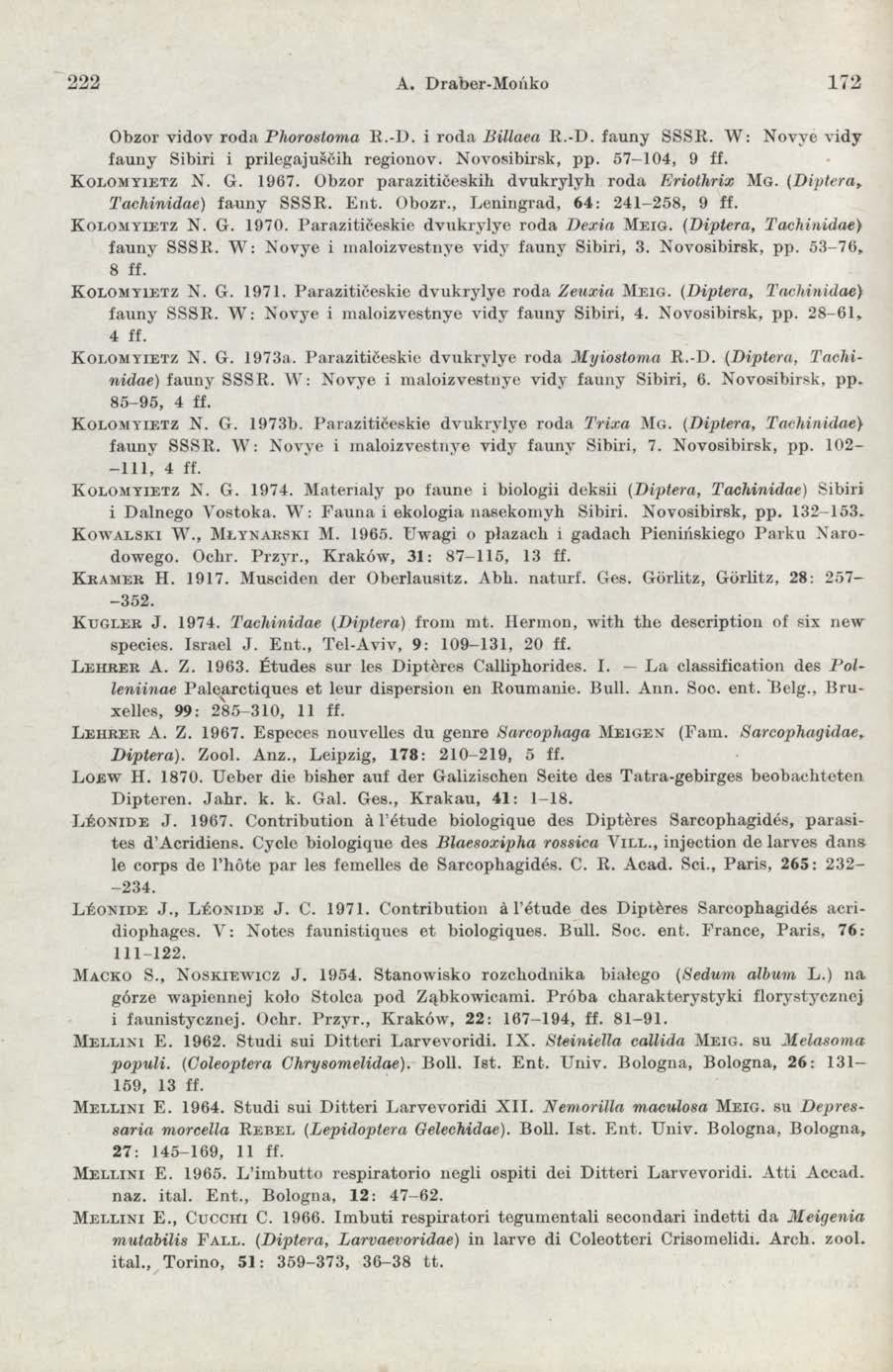 222 A. Draber-Mońko 172 Obzor vidov roda Phorostoma R.-D. i roda Billaea R.-D. fauny SSSR. W: Novye vidy fauny Sibiri i prilegajusćih regionoy. Novosibirsk, pp. 57-104, 9 ff. K o l o m y ie t z N. G.