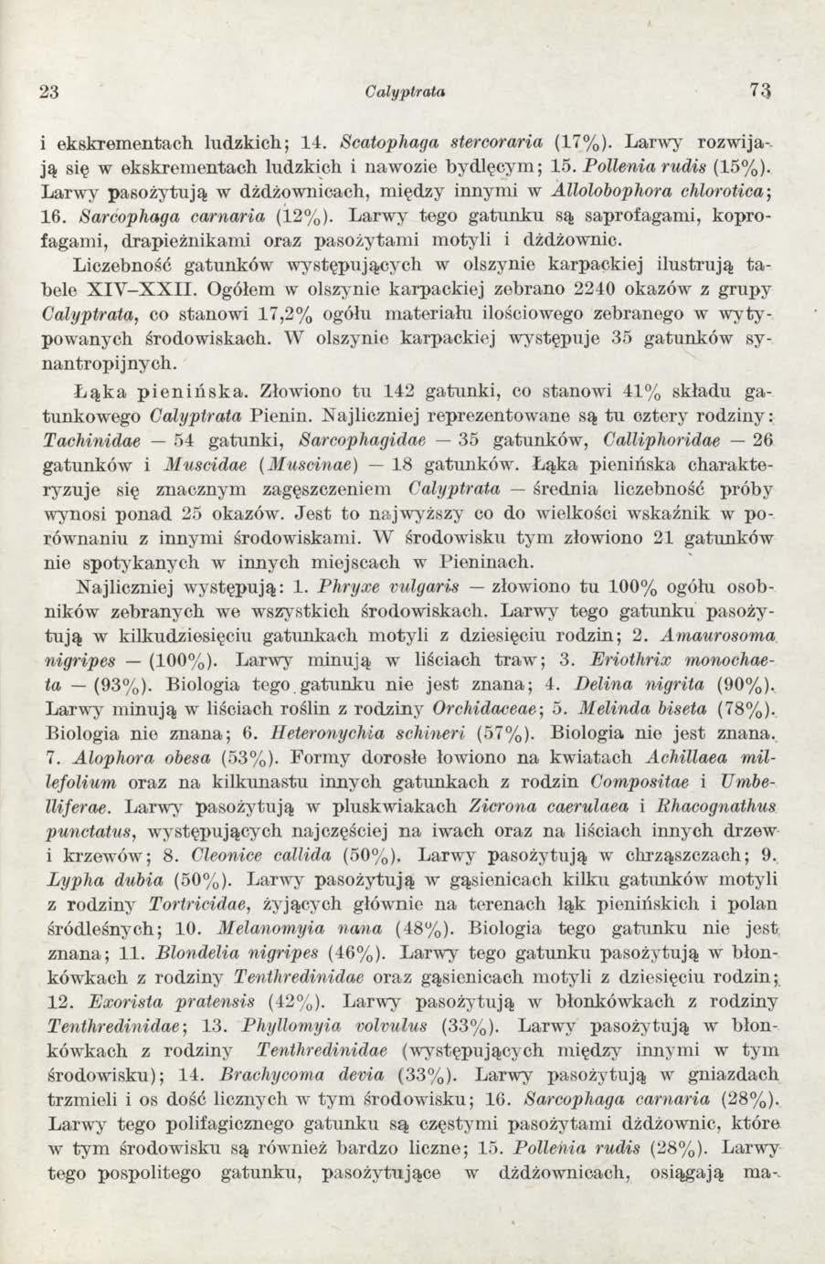 23 Calyptrata 7 3 i ekskrem entach ludzkich; 14. Scatophaga stercoraria (17%). L arw y rozw ijają się w ekskrem entach ludzkich i nawozie bydlęcym ; 15. Pollenia rudis (15%).