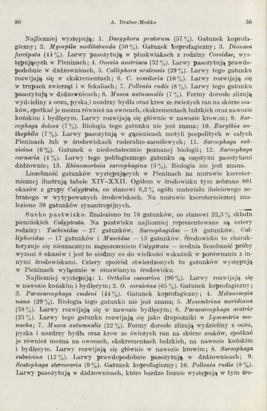 86 A. Draber-Mońko 36 N ajliczniej w y stęp u ją: 1. Dasyphora pratorum (57%). G atunek koprofagiczny; 2. M yospila meditabunda (50%). G atunek koprofagiczny; 3. Dionaea forcipata (44%).