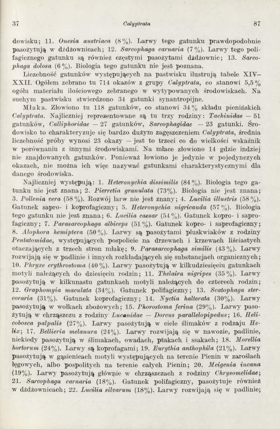 37 Calyptrata 87 dowisku; 11. Onesia austriaca (8%). Larw y tego gatunku praw dopodobnie pasożytują w dżdżownicach; 12. Sarcophaga carnaria (7%).