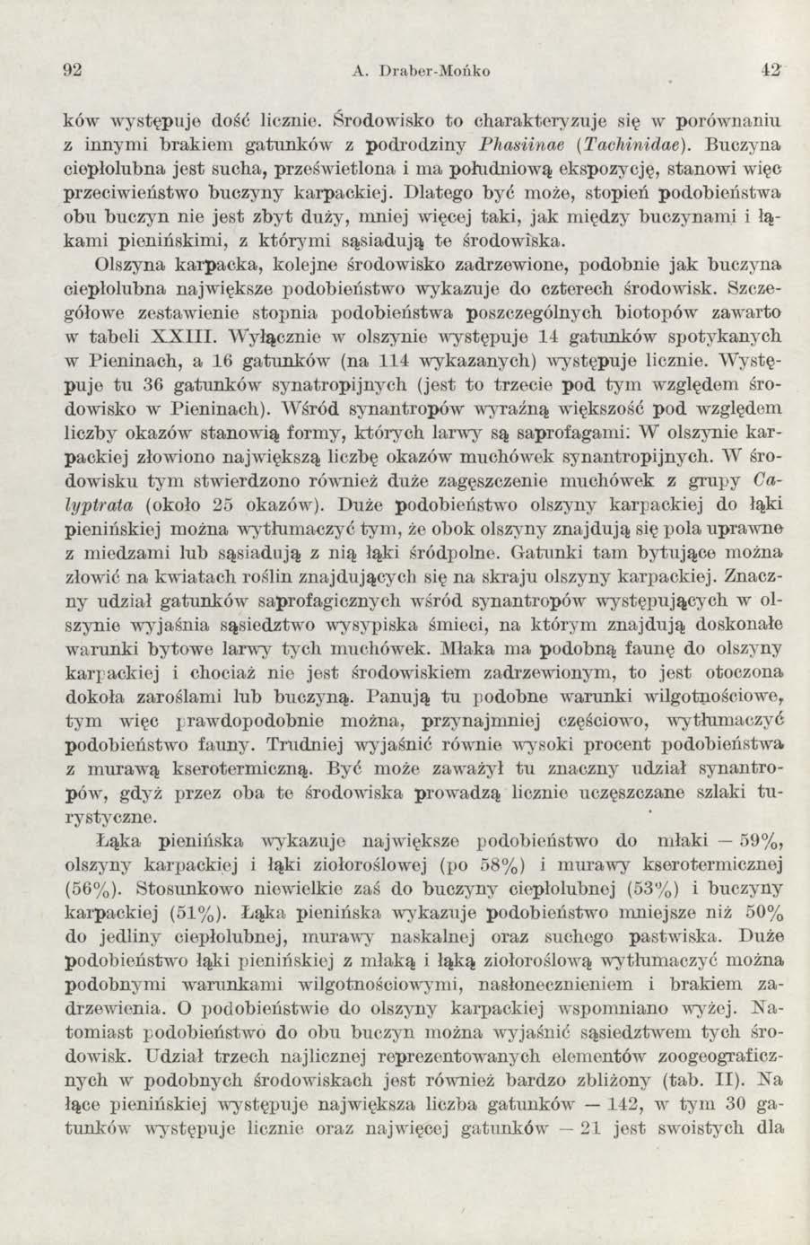 92 A. Draber-Mońko 42 ków w ystępuje dość licznie. Środowisko to charakteryzuje się w porównaniu z innym i brakiem gatunków z podrodziny Phasiinae (Tachinidae).