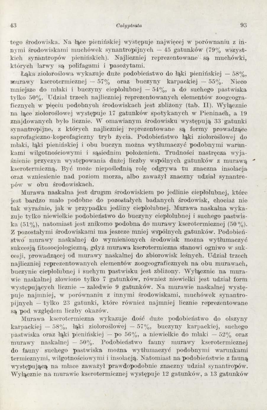 43 Calyptrata 93 tego środowiska. N a łące pienińskiej w ystępuje najw ięcej w porów naniu z innym i środow iskam i m uchów ek synantropijnych 45 gatunków (79% w szystkich synantropów pienińskich).