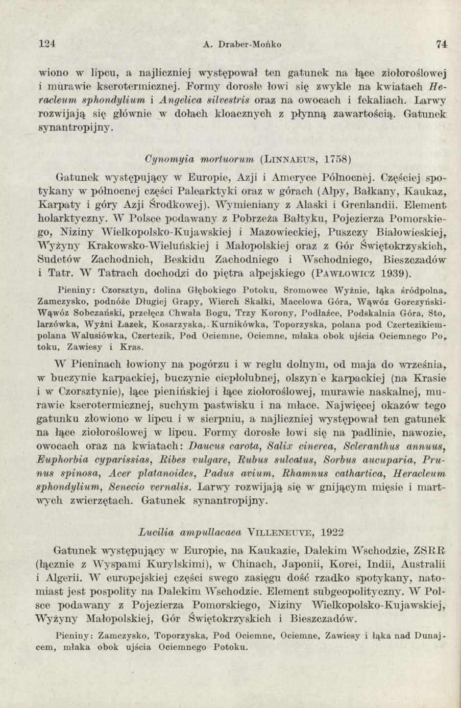 124 A. Draber-Mońko 74- wiono w lipcu, a najliczniej występował ten gatunek na łące ziołoroślowej i murawie kseroterm icznej.