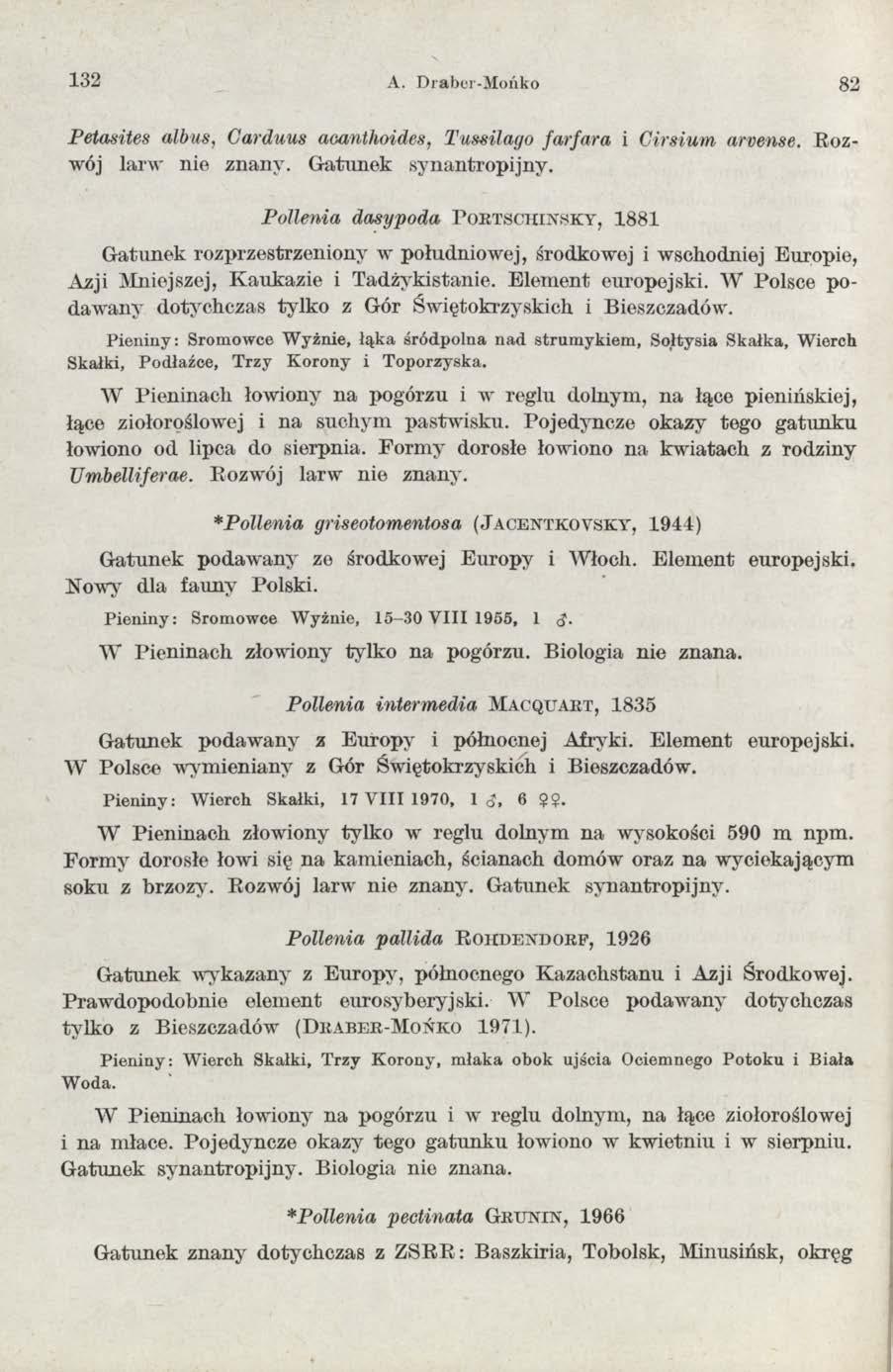 132 A. Draber-Mońko 82 Petasites albus, Carduus aoanthoides, Tussilago farfara i C irsium arvense. Rozwój larw nie znany. G atunek synantropijny.