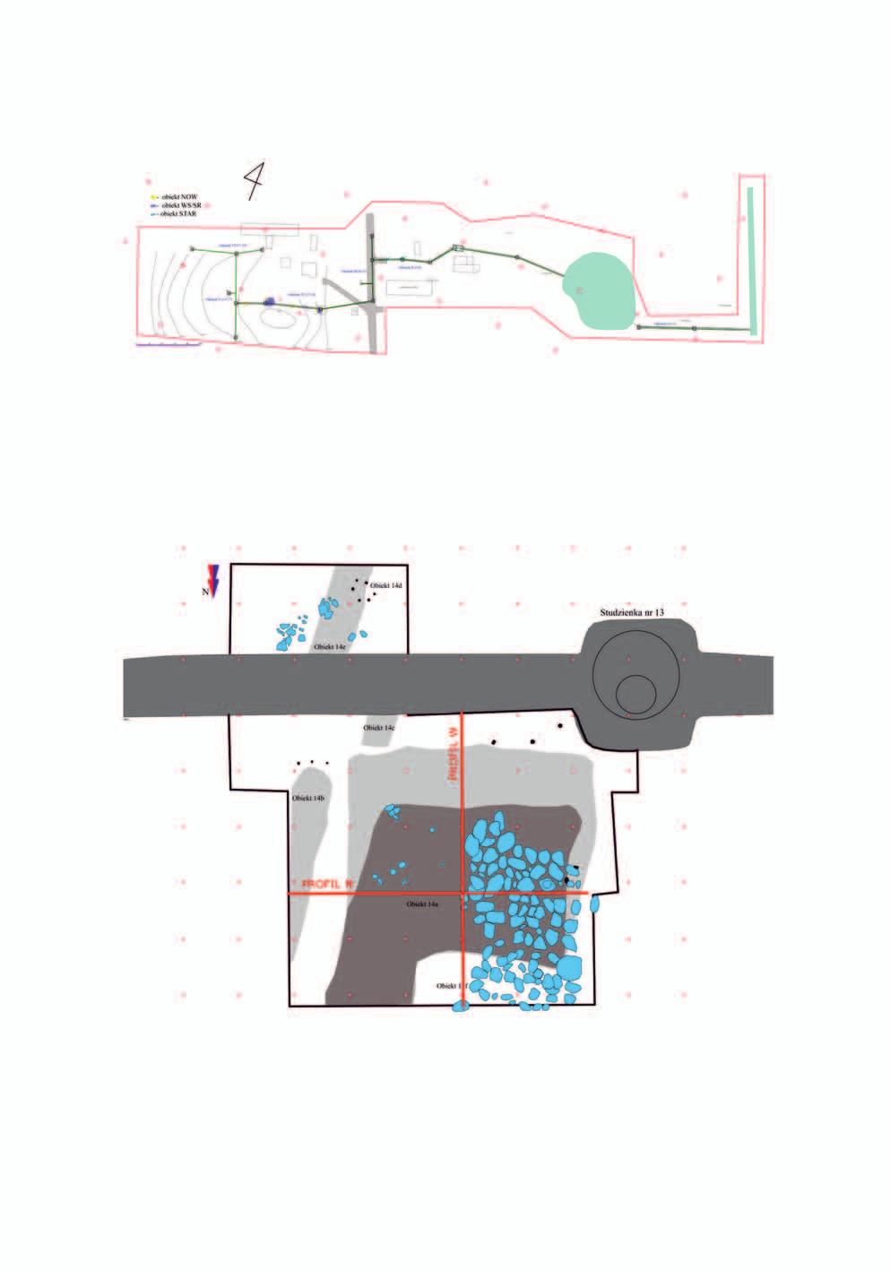Ryc. 3. Obszar realizacji badań oraz rejestracji odkryć na planie inwestycji. Rys. M. Dziewanowski Fig. 3. Area of rescue excavations and discoveries registration on the investment plan.