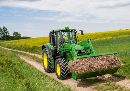 zwiększenia płynności pracy ciągnika John Deere. Jego wydajna amortyzacja pomaga chronić przenoszony materiał i ciągnik oraz podnosi poziom komfortu operatora na drodze.