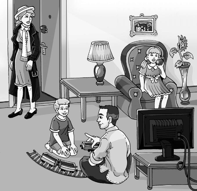 Zadanie 7. (0-3) W zdaniach 7.1.-7.3. wybierz właściwe zakończenie, zgodne z ilustracją. Wpisz znak X w kratkę obok odpowiedzi A, B albo C. 7.1. Der Vater A. spielt mit dem Sohn. B. isst einen Apfel.
