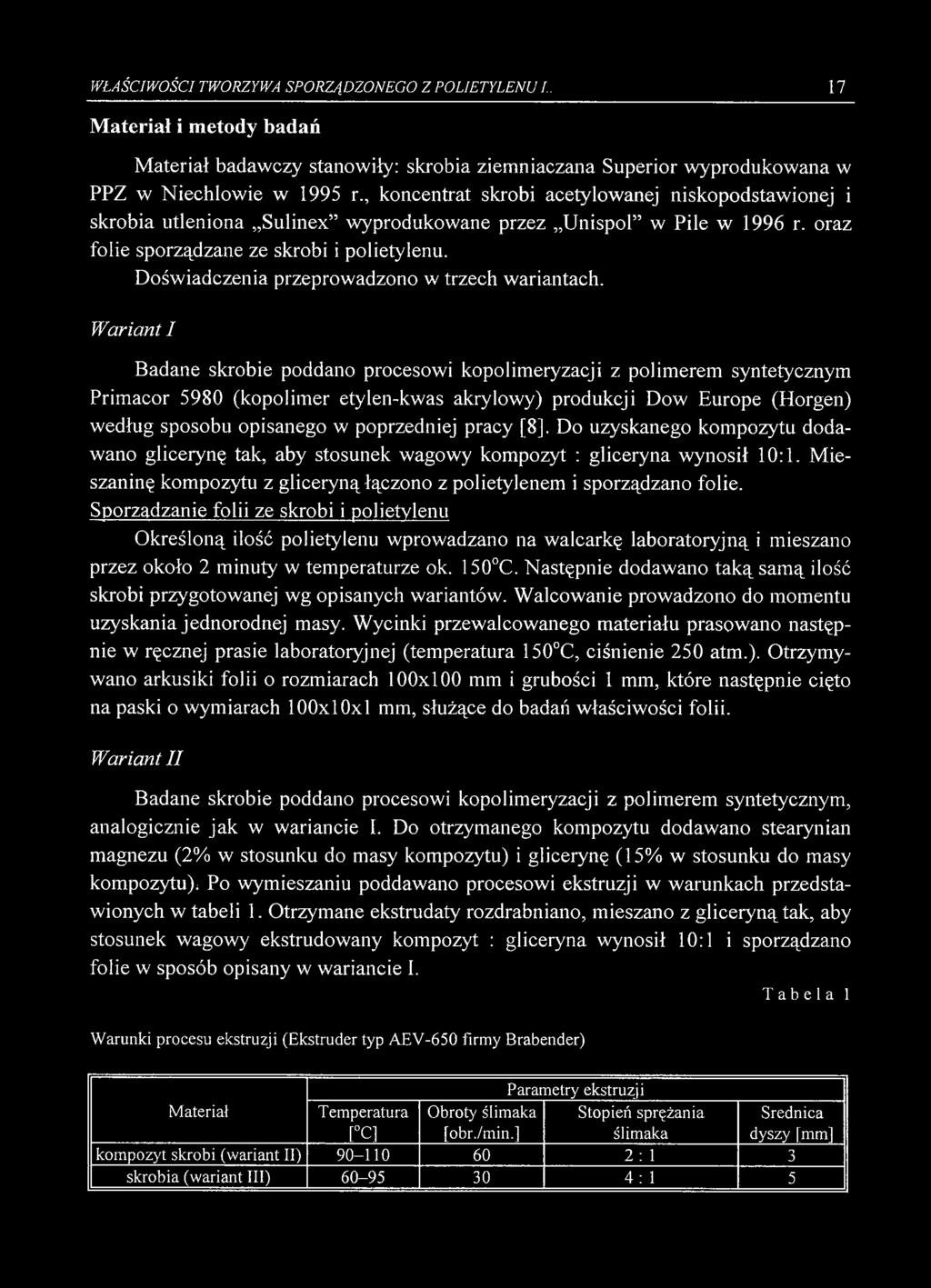 WŁAŚCIWOŚCI TWORZYWA SPORZĄDZONEGO Z POLIETYLENU I. 17 Materiał i metody badań Materiał badawczy stanowiły: skrobia ziemniaczana Superior wyprodukowana w PPZ w Niechlowie w 1995 r.