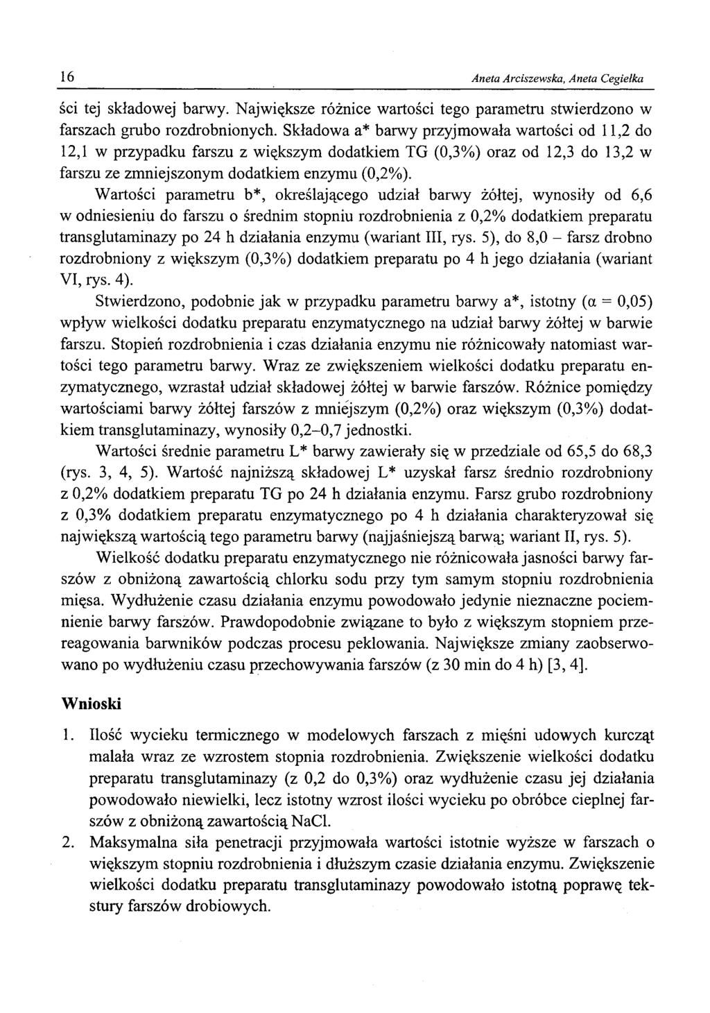 16 Aneta Arciszewska, Aneta Cegiełka ści tej składowej barwy. Największe różnice wartości tego parametru stwierdzono w farszach grubo rozdrobnionych.