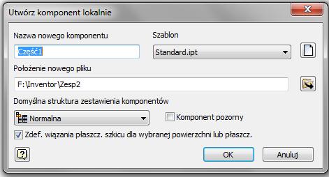 Tworzenie nowych części na bazie zespołu Zalecaną techniką projektowania jest tworzenie zespołów od góry do dołu tj. od zespołu do części.