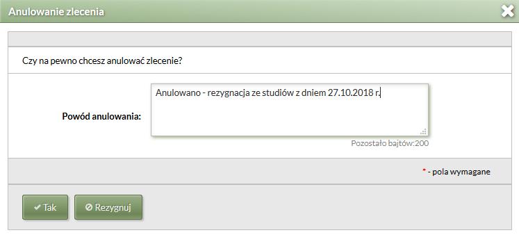 Po wciśnięciu przycisku Anuluj pojawi się okno Anulowane zlecenia.