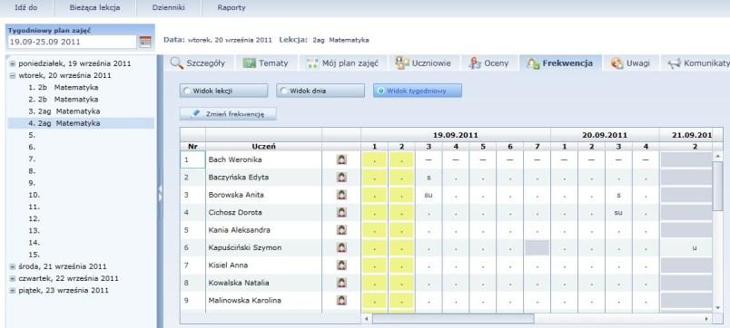 Praca z Modułem lekcyjnym widok frekwencji uwzględniający wszystkie lekcje, które odbyły się w danym tygodniu.