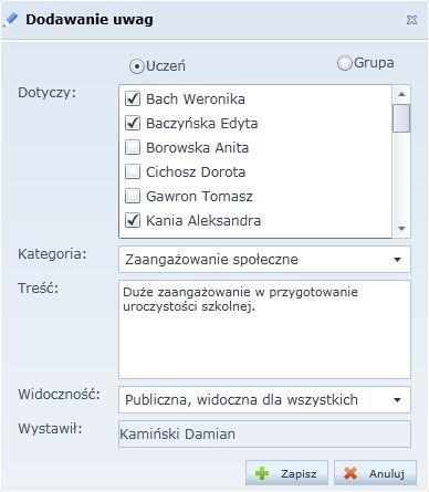 Bieżąca lekcja Rysunek 18. Dodawanie uwagi o uczniu. Aby zapisać uwagę, należy kliknąć przycisk.