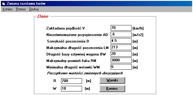 międzytorzy" program przybiera wygląd ekranu przedstawiony na rys.10 (na razie z pustymi rubrykami danych). Rys.
