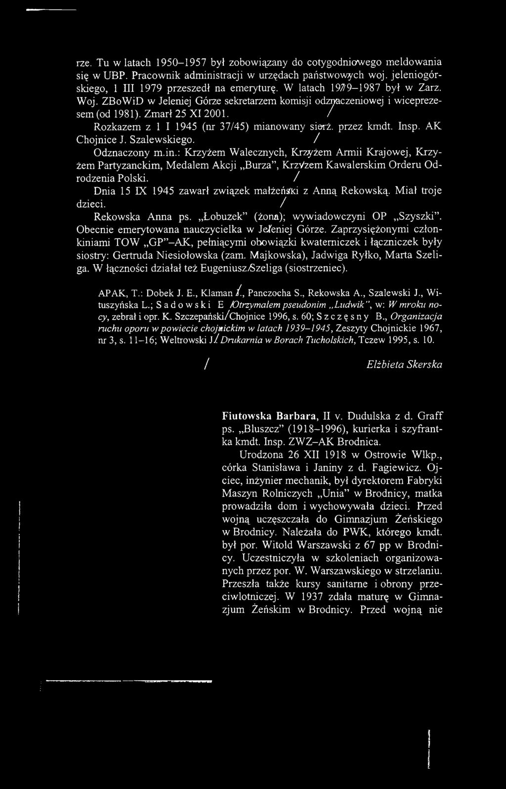 Zaprzysiężonymi członkiniami TOW GP -A K, pełniącymi obowiązki kwaterniczek i łączniczek były siostry: Gertruda Niesiołowska (zam. Majkowska), Jadwiga Ryłko, M arta Szeliga.