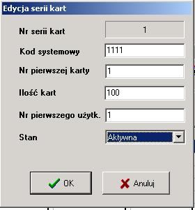 xii. Z tego samego menu należy zdefiniować tzw. serię kart. Seria kart powinna mieć ten sam kod systemowy, co zapisany na kartach oraz w centrali ATS4018.