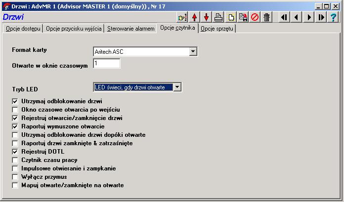 4. Opcje czytnikai. Format karty domyślny (Aritech ASC). ii. Otwarte w oknie czasowym 1 ( Nigdy ). W tym oknie czasowym drzwi będą otwarte cały czas. iii.