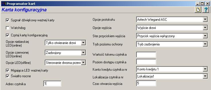 2.Konfiguracja czytnika ATS1190 a. wydanie karty konfiguracyjnej czytnika i określenie adresu czytnika oraz trybu pracy jego wyjścia (opcje protokołu jako :Aritech Wiegand ASC) b.